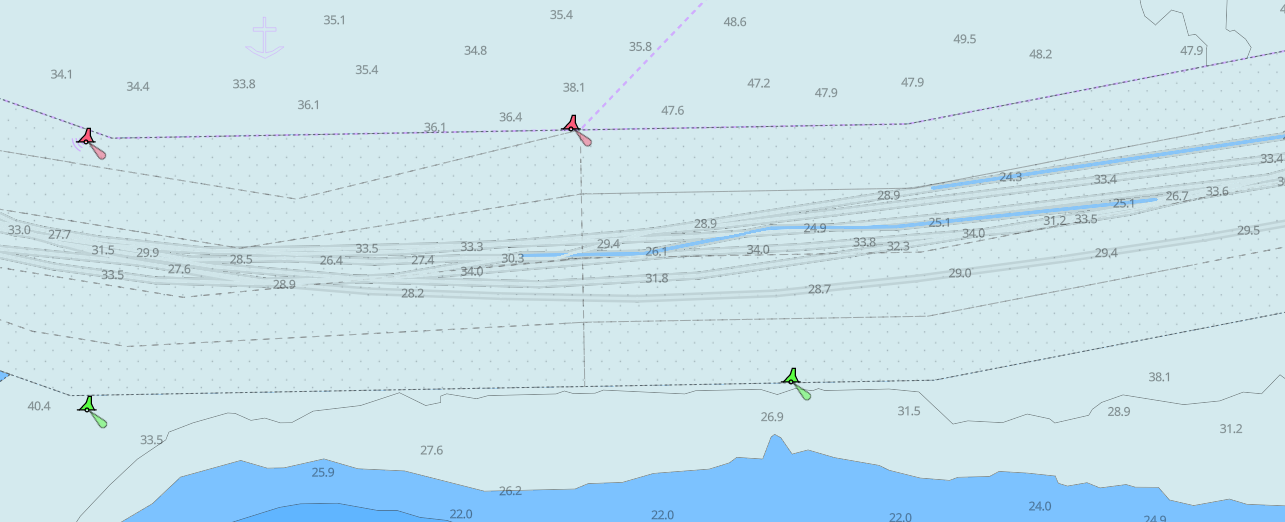 Depth soundings and channel data on a nautical chart